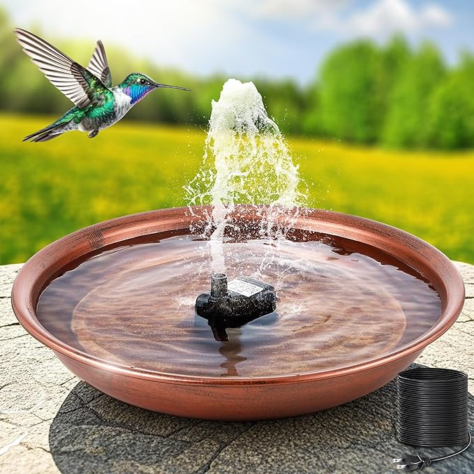 Bird Bath Fountain for Outside, 13.5" Garden Metal Bird Bath Bowl with 8W Water Pump, 2 Nozzles Adjustable Water Fountain for Backyard Patio Garden and Outdoor Water Features