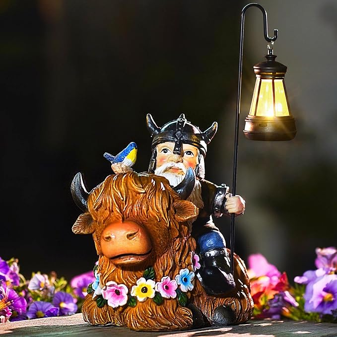 Garden Gnome Outdoor Statue Highland Cow Decor for Yard Patio Lawn Porch Birthday Gifts for Women Men, Mother’s Day, Housewarming with Solar Light Gnome Decor for Outside