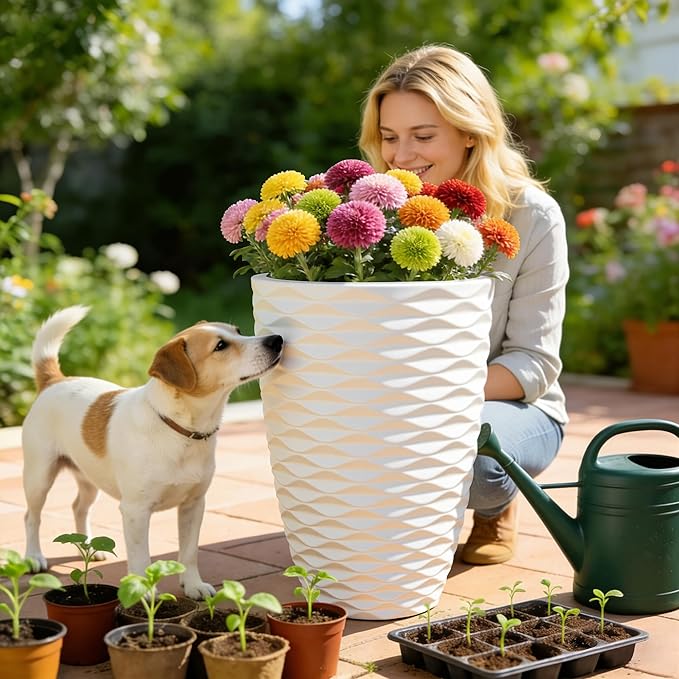 19" Nordic Wavy Tall Outdoor Planters, Set of 2 Ultra Durable Resin Large Flower with Drainage Holes, Weather-Resistant Outdoor Planters for Garden Patio Porch Balcony Living Room Office Decor