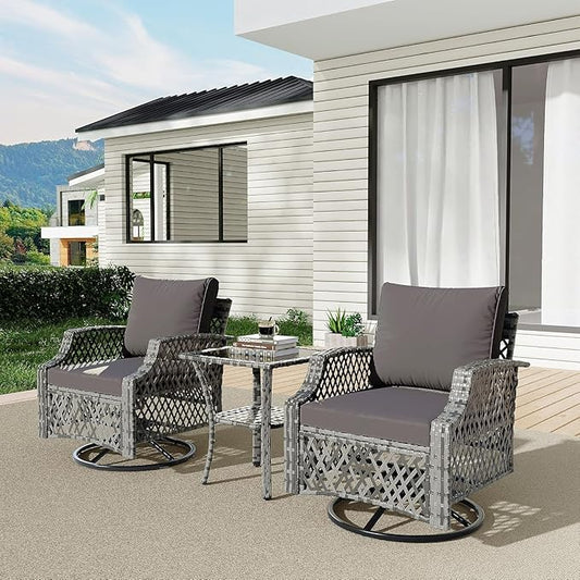 HOMREST 3 Piece Outdoor Swivel Chair Set, Wicker Patio Bistro Set with Thickened 25D Cushions and Glass Coffee Table, Patio Furniture Conversation Set for Deck, Yard, Garden, Poolside Gray