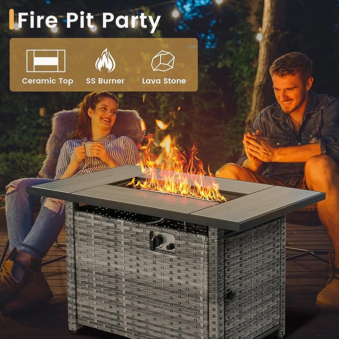HOOOWOOO Patio Furniture Set,7 Piece Outdoor Furniture Set with Fire Pit Table,Wicker Patio Conversation Couch Swivel Chairs Ottoman Set,Denim Blue
