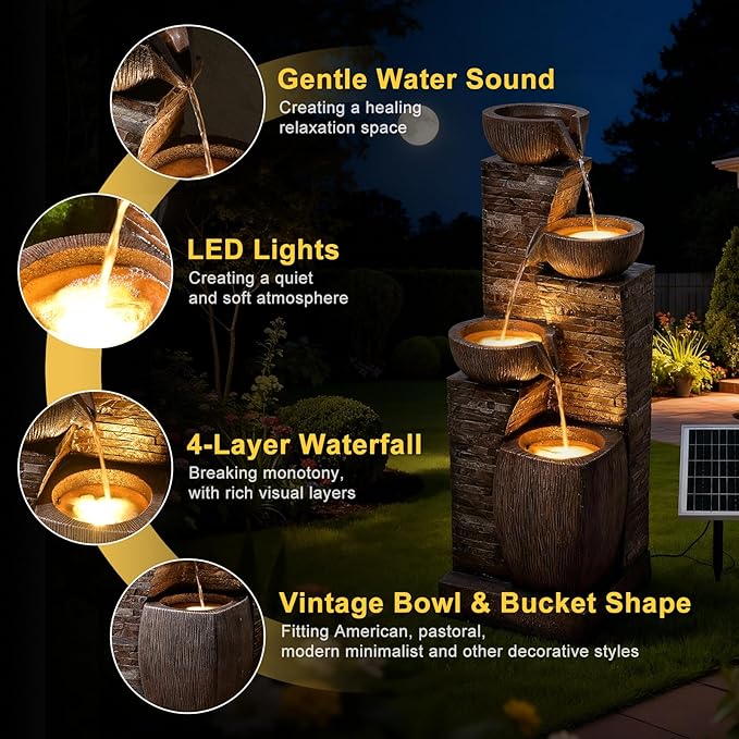 38.2" Tall Solar Water Fountain Outdoor Garden,Stone Texture Modern 4 Tiers Cascading Bowls Garden Fountains Outdoor,Suit for Patio, Deck, Porch, Lawns, Backyard and Home Art Decor