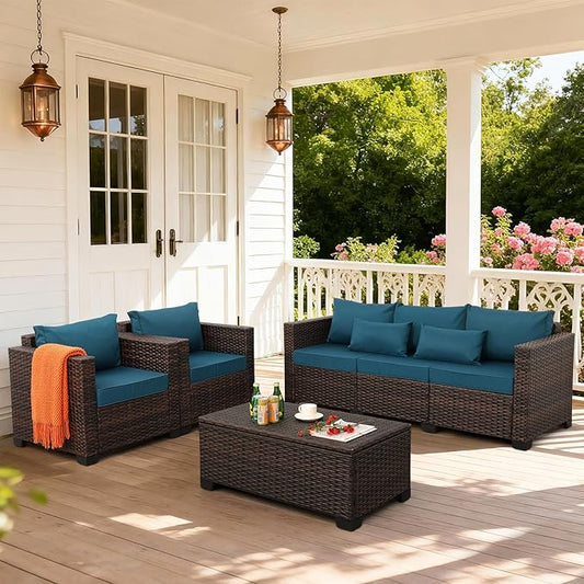 Outdoor Patio Furniture Set 4 Pieces Wicker Outdoor Furniture Chairs and Sofa Patio Storage Table Non-Slip Cushions and Waterproof Covers, Peacock Blue