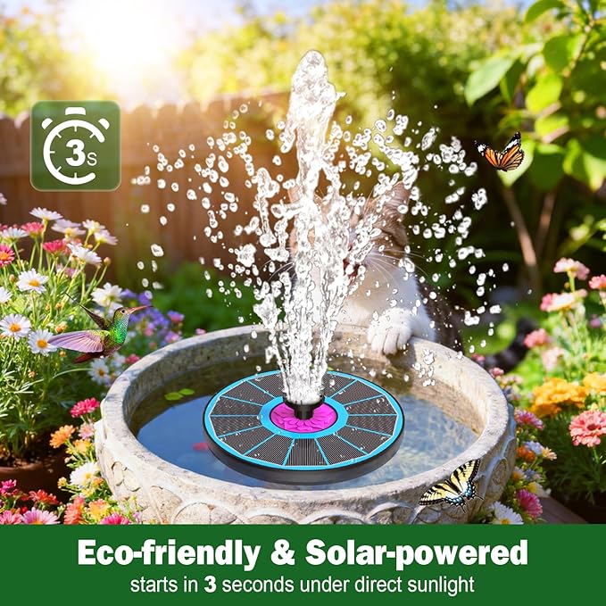SZMP Powerful 3.5W Anti-Drift Solar Fountain for Bird Bath, Solar Powered Water Pump with 7 Nozzles, Bird Bath Fountain for Garden, Pool, Pond – Attracts Hummingbirds (Blue)