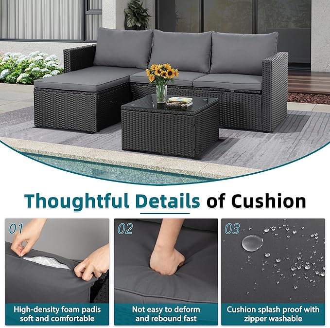 SUNLEI 3-Piece Patio Sectional Sofa, Outdoor PE Rattan Patio Conversation Sofa Set with Detachable Soft Cushions, Patio Furniture Set with Glass Coffee Table & Ottoman, Black Rattan/Grey