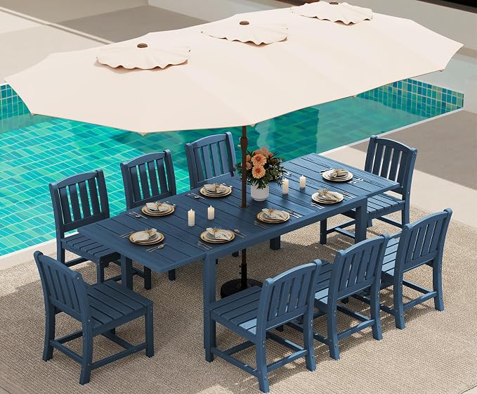 SERWALL 10-Piece Patio Dining Sets with 15FT Patio Umbrella, 60" - 83" Expandable Outdoor Dining Table and 8 HDPE Chairs, All Weather HDPE Outdoor Furniture Set, Blue (Umbreall Base not Included) by SERWALL