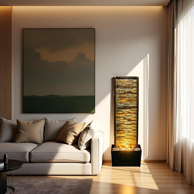 Cheng Pin Indoor Water Fountain -Staggered Stone Wall Design,Create Relaxing Ambiance to Decor Your Living Room,Office,Bedroom Or Outdoor Garden with Waterfall Water Feature and LED Lights,38in. Tall