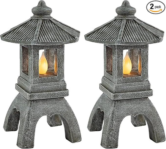 VP Home Pagoda Garden Statue, Solar Powered Statue Japanese Garden Decor, Outdoor Zen Garden Lantern, Flickering LED Garden Light (Tranquil Pagoda) (Pack of 2)