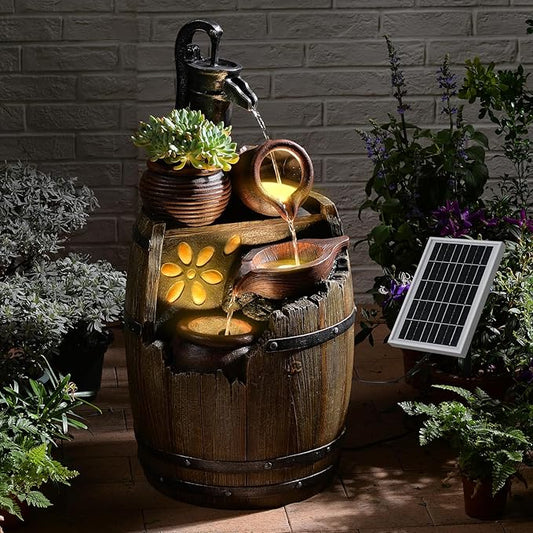 Solar Water Fountain Outdoor Rustic Pump and Barrel, 29" H Cascading Solar Powered Waterfall Fountains Outside Feature with LED Lights for Garden, Patio, Porch, Backyard Decor