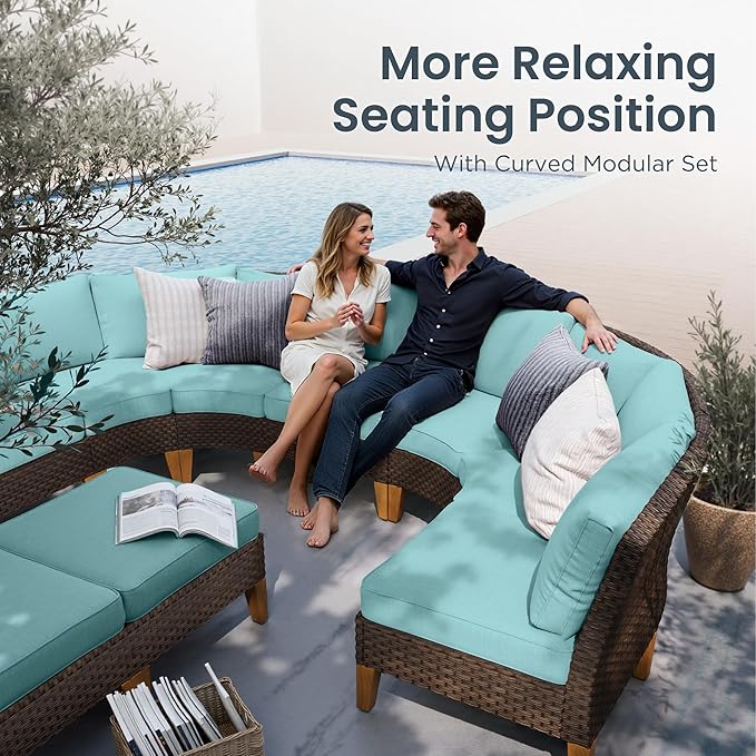 PHI VILLA 7-Piece Wicker Patio Furniture Set, Outdoor Half-Moon Curved Sectional Sofa with Thick Aqua Blue Cushions, 4 Ottomans, Large Conversation Seating for Garden or Backyard