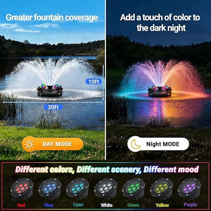 Pond Fountain Aerator with Lights Dynamic RGB Light 1HP 750W Floating Fountain for Pond Lake, 110V 15000 GPH Fully Automatic Stainless Steel Fountain Pump 100Ft Cord with 4 LED Lights and Nail, Rope