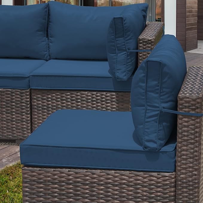 7 Pieces Outdoor Patio Furniture Set,Outdoor Sectional Furniture All Weather PE Rattan Wicker Patio Conversation Set with Coffee Table and 6 Thickened Cushions,Navy Blue