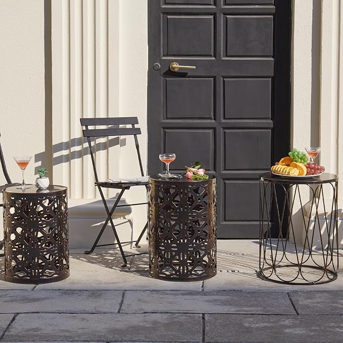 Y&M Set of 3 End Tables, Nesting Metal Round Coffee Table, Heavy Duty Metal Plant Stand Garden Stool, Outdoor Multifunctional Use Black with Bronze (Ship from US) - Image 5