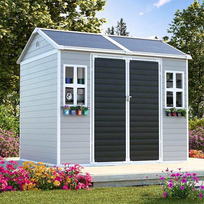 8x6x7 FT Resin Storage Shed, Waterproof Outdoor Sheds w/Floor Included, 2 Windows, Double Lockable Doors & Vents,Outside Plastic Tool Sheds for Garden, Lawn, Backyard, Poolside by SELLERWE