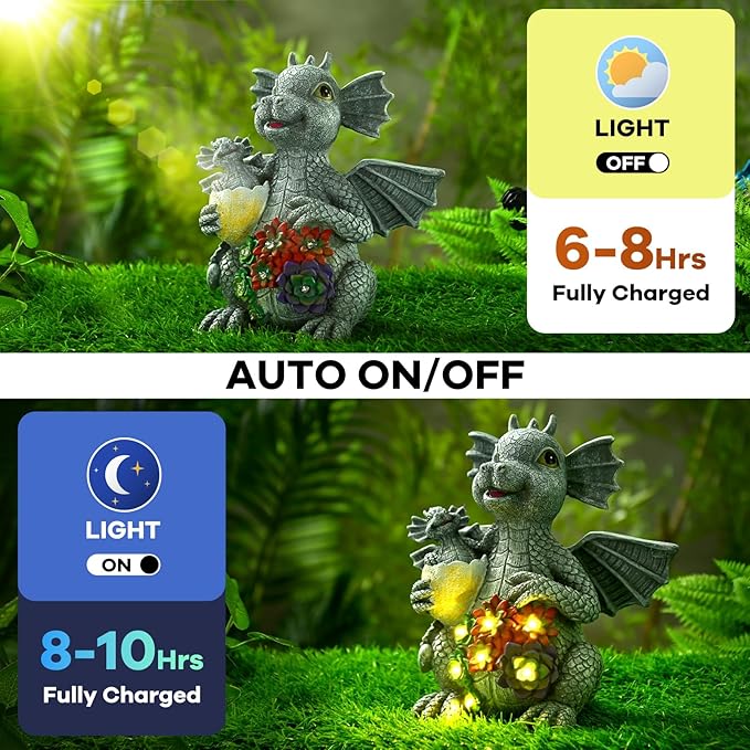 UZER Dinosaur Garden Dragon Statue Outdoor Decor for Patio, Cute Dinosaur Figurine with Solar Light, Yard Art Decoration Resin Ornament for Indoor Home Outdoor Patio Lawn,Birthday Gifts for Mom