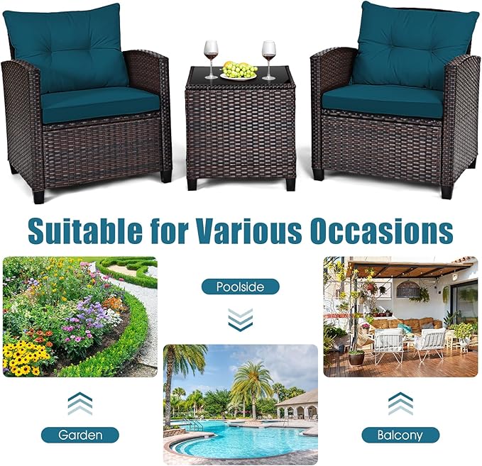 KOTEK 3 Piece Patio Furniture Set, Outdoor Conversation Set with Washable Cushions & Tempered Glass Tabletop, PE Rattan Wicker Bistro Set for Porch, Garden, Balcony (Peacock Blue)