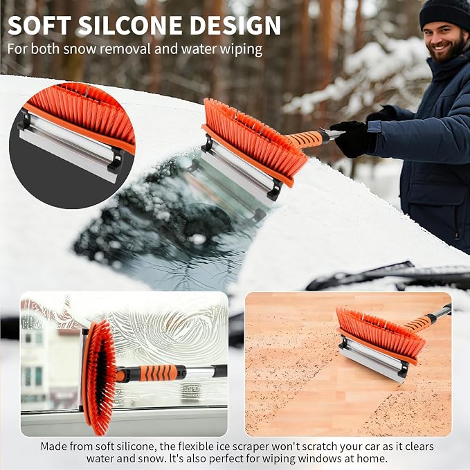 43.3'' Snow Shovel & Snow Brush with Ice Scrapers for Car Windshield,5-in-1 Extendable Thicken Aluminum Tube,180° Pivoting Brush Head & Foam Grip for Christmas, Cars, Trucks, SUVs, Vehicle(Orange - Image 3