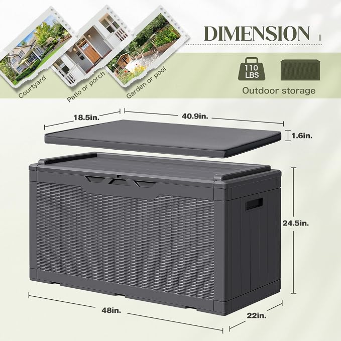 Greesum 100 Gallon Resin Deck Box Large Outdoor Storage with Cushions for Patio Furniture, Garden Tools, Pool Supplies, Weatherproof and UV Resistant, Lockable,Gray - Image 4