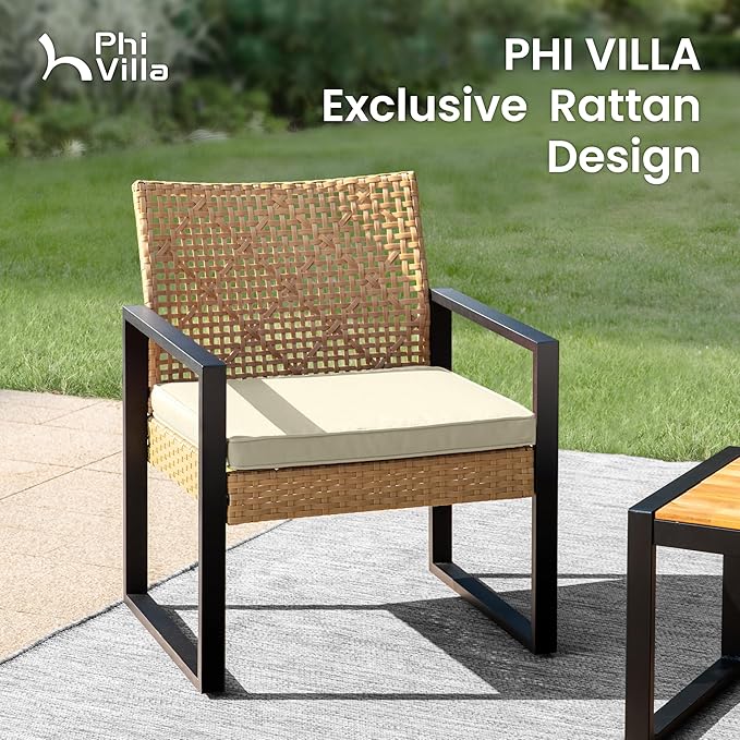 PHI VILLA Patio Wicker Furniture Set for 4, Yellow Rattan Loveseat & Chairs with Beige Cushions & Acacia Wood Coffee Table, Outdoor Modern Conversation Sofa Set for Deck, Yard, Porch
