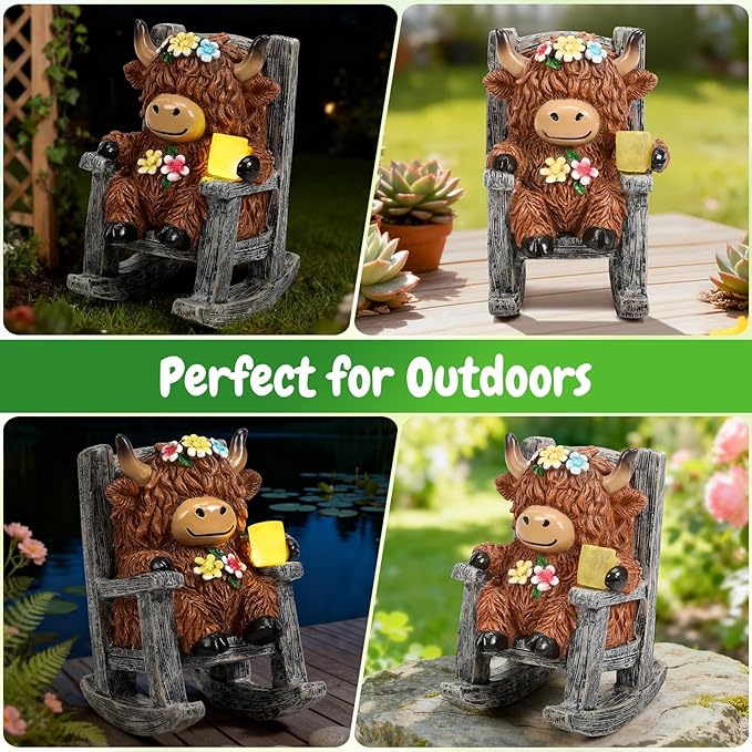 Tfro & Cile Miniature Solar Highland Cow Garden Statue Outdoor Light Decor Yard Ornament Unique Housewarming Gift for Lawn Patio Balcony