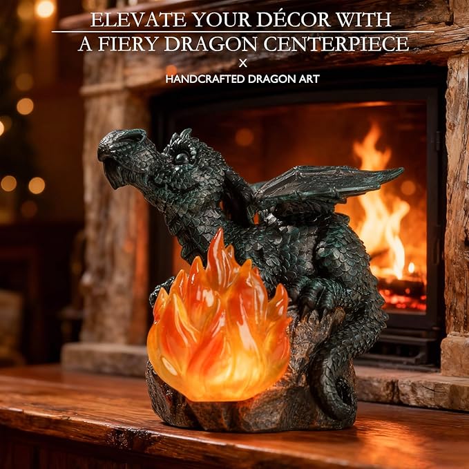 Solar Dragon Garden Decor, Porch Dragon Statue with Fiery Light - 6.8 inch Lawn Ornaments, Outdoor Decorative Art Gift for Patio, Yard, Backyard, Porch