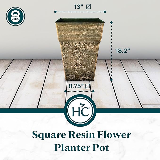 The HC Companies 18 Inch Avino Tall Square Planter - Decorative Indoor Outdoor Plant Pot for Front Porch, Deck, Patio and Home, Celtic Bronze