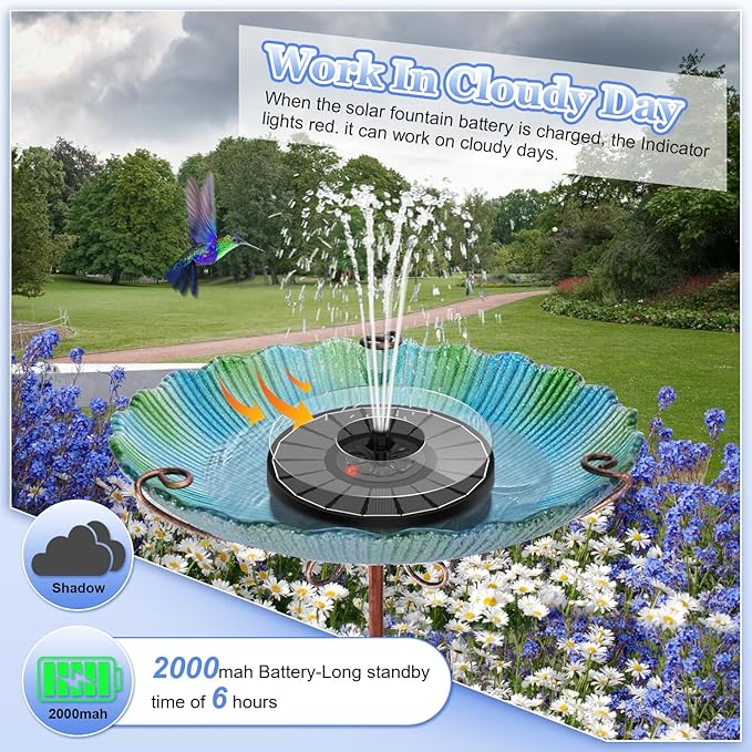 Yzert Solar Fountain with 2000mAh Battery & Innovative Indicator, 3.5W Glass Solar Water Fountain Pump Works in Cloudy Day with 7 Nozzles for Bird Baths, Gardens, Ponds, Pools, Outdoors (Black)