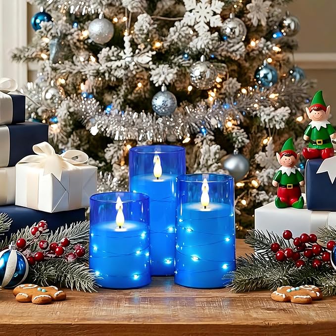 Homemory Flameless Candles with Embedded Star String Fairy Lights, Battery Operated Candles, LED Candle, Fake Candles with Remote Control and Timer, Blue, Set of 3(H 4" 5" 6?€?)