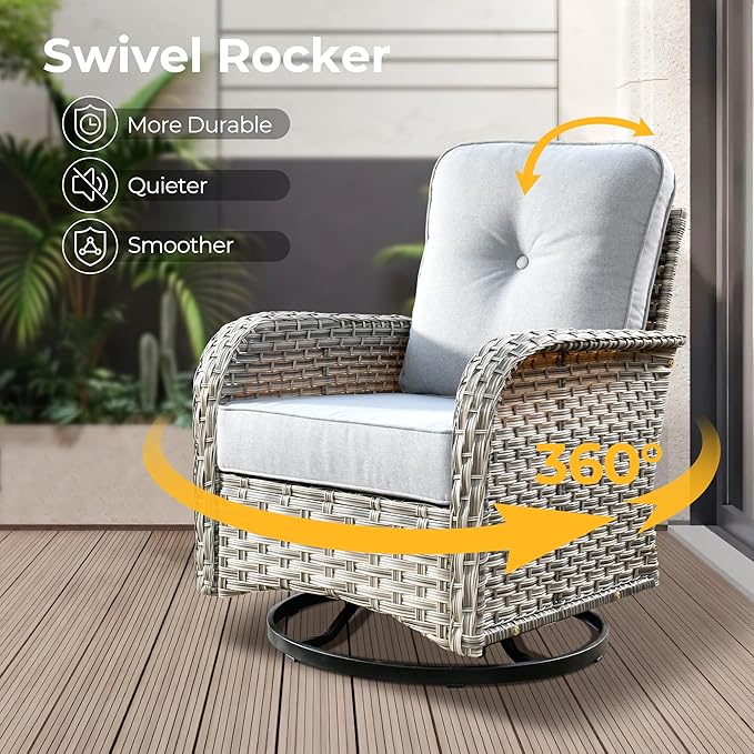HOOOWOOO Outdoor Sectional Patio Furniture Set with Fire Pit Table,13 Pieces Wicker Conversation Sets L Shaped Couch,Extra Deep Out Door Sofa Outside Furniture with Swivel Rocking Chairs,Light Gray