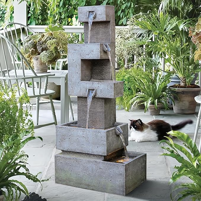 48 inches Outdoor Water Fountain Tiered Large Waterfall Freestanding Cascade Fountains Modern Geometric Effects with LED Lights for Garden Patio Yard Pool Home Decor Gray