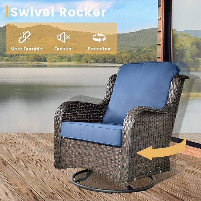 HOOOWOOO Patio Furniture Set,3 Piece Outdoor Furniture with Swivel Chairs,Wicker Patio Bistro Chairs Set,Navy Blue