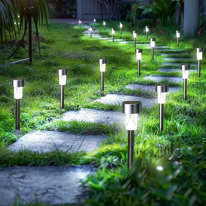 GIGALUMI 24 Pack Solar Path Lights Outdoor,Solar Lights Outdoor Waterproof,Stainless Steel LED Landscape Lighting,Solar Garden Lights for Driveway,Pathway,Patio,Yard