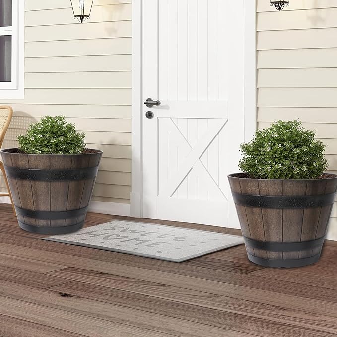 Large Plant Pots, 20 Inch 2 Pack Plastic Whiskey Barrel Planters, Big Flower Pots Wine Barrel Design for Outdoor Indoor, Garden, Porch, Patio, Backyard