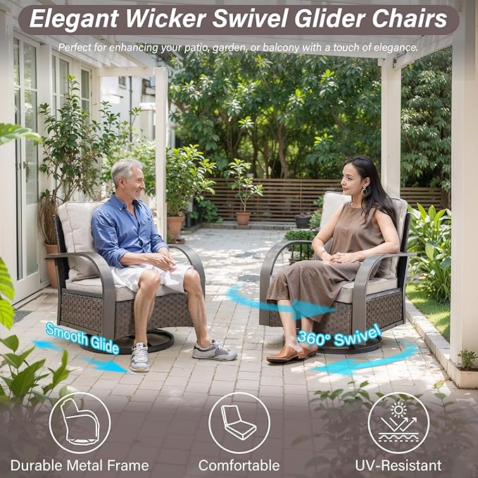 Belord Outdoor Swivel Rocker Patio Chairs Set of 2, 3 Piece Wicker Patio Bistro Set with Metals Side Table and Comfort High Back 4" Cushion Outdoor Patio Glider Chair for Balcony Deck Porch