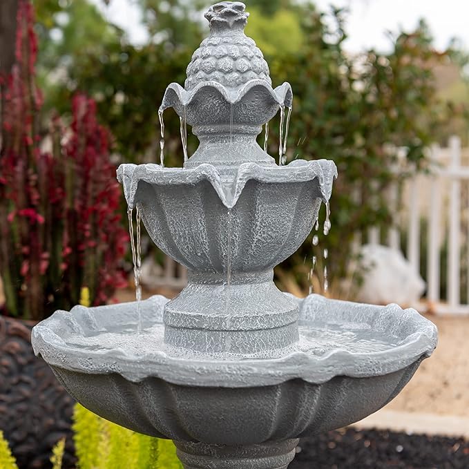 XBrand 36.2" Solar Powered 2-Tier Outdoor Water Fountain, Resin Fountain with Solar Panel Pump, Gray