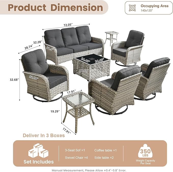HOOOWOOO Outdoor Patio Furniture Set with Light Table,8 Pieces Wicker Conversation Set,All Weather High Back Couch Sofa Swivel Chairs Set,Black