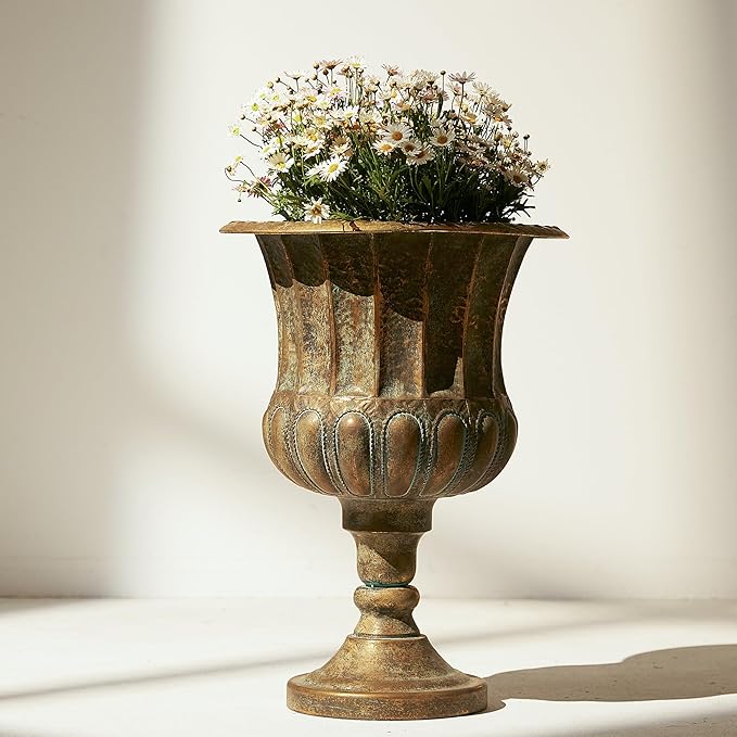 Worth Garden 24.5" H. Metal Urn Planters 2-Pack - Bronze Classic Antique Iron Plant Pots - Large Decorative Rustic Flower Pots for Outdoor Use - Traditional Urn Planter for Patio, Front Porch