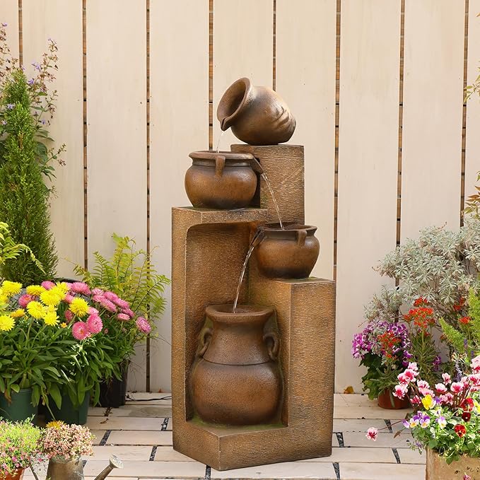 Water Fountain Outdoor Fountain with Lights - 53 Inches 4 Tiered Floor Standing Outdoor Water Fountains and Waterfalls for Garden, Patio, Backyard, Porch Home Art Decor
