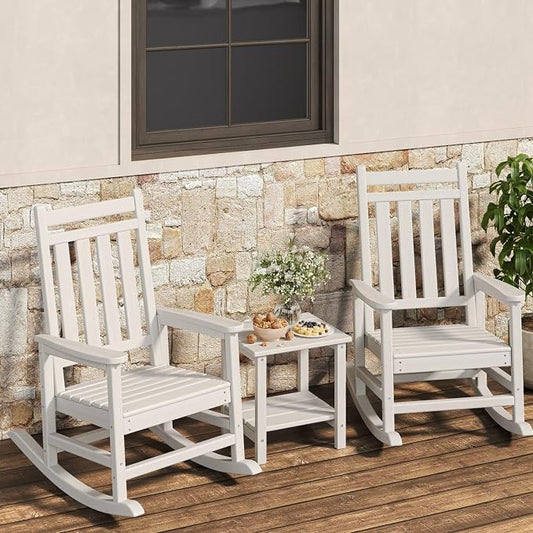 Garvee HDPE Rocking Chair Outdoor Set of 2 with Side Table - Poly High Back Porch Rocker Chairs for Adults - All Weather Resistant Furniture for Patio Front Porch - White by Garvee