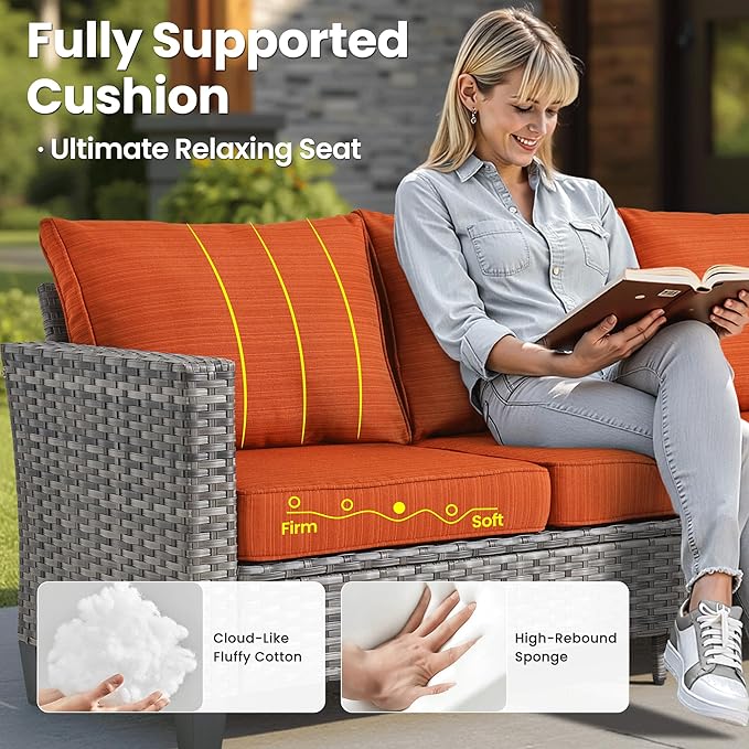 ovios Patio Furniture Set, 9 Pieces Outdoor Wicker Sofa Couch with 6 Chairs, Ottomans and Comfy Cushions, All Weather High Back Rattan Conversation Set, Orange Red