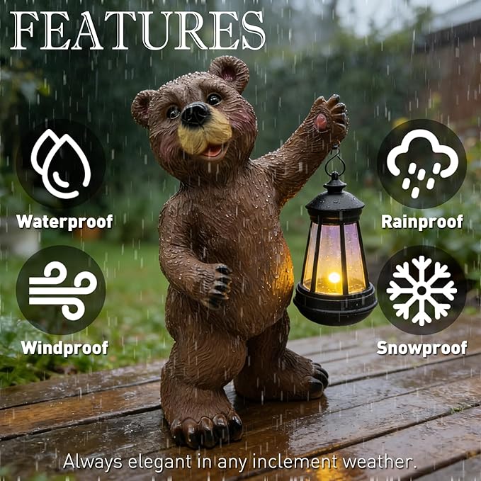 Solar Lantern Garden Statues Decor, 14" Large Outdoor Bear Figurine Lights for Yard Patio Decoration - Unique Christmas Housewarming Gift for Grandma Wowen Mom