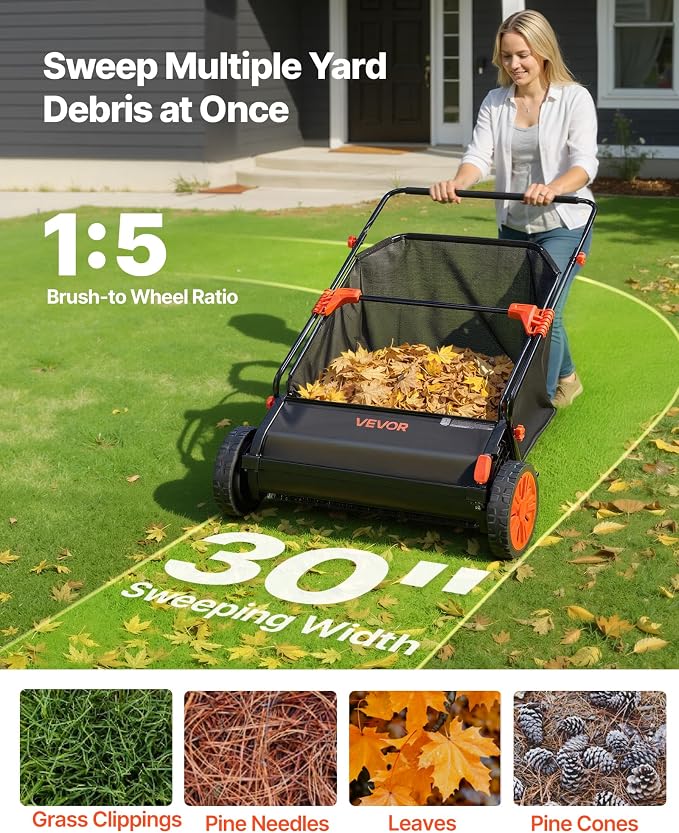 VEVOR Push Lawn Sweeper, 30 in Leaf & Grass Collector with 12 cu. ft. Hopper Bag, Adjustable Brush Height & Spinning Brushes, Heavy Duty Yard Sweeper with Rubber Wheels for Leaves Grass Cleanup - Image 2