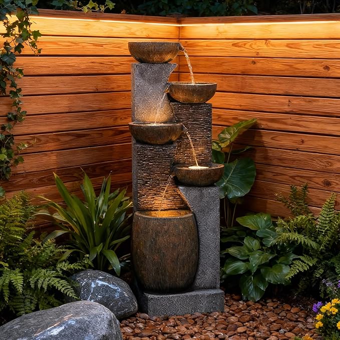 51.6'' H Tall Outdoor Water Fountain, 5-Tier Resin Cascading Crock Bowls with LED Lights, Garden Water Feature and Waterfall for Porch, Deck, Patio, Yard, and Home Décor, Dark Gray