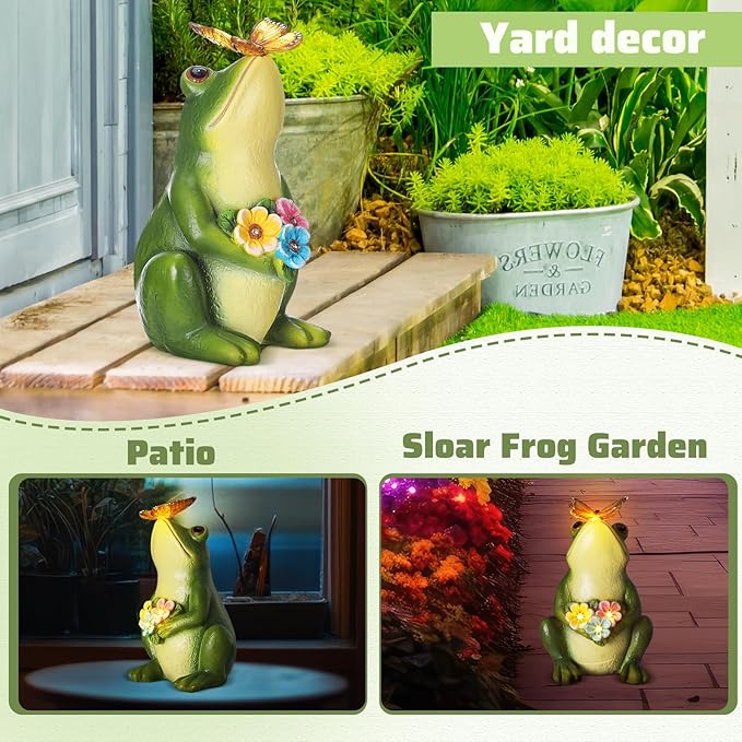 Solar Garden Frog Decor Resin Outdoor Frog Decor Figurine with LED Light Frogs Garden Statue for Outside Yard Patio Balcony Ornament Housewarming Gift for Women Mom Grandma