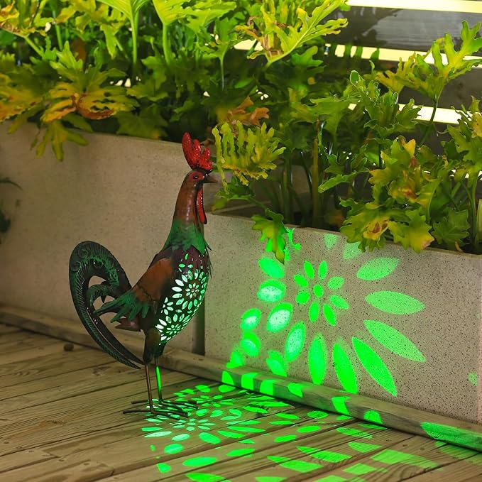 Solar Rooster Statue Light Outdoor, 18" Metal Yard Art Rooster Figurines(Retro Rooster).