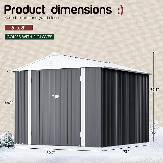 GUNJI 8 x 6 FT Shed Outdoor Storage Shed Metal Garden Shed with Lockable Door Outside Waterproof Tool Shed for Backyard, Patio, Lawn (Gray) - Image 3