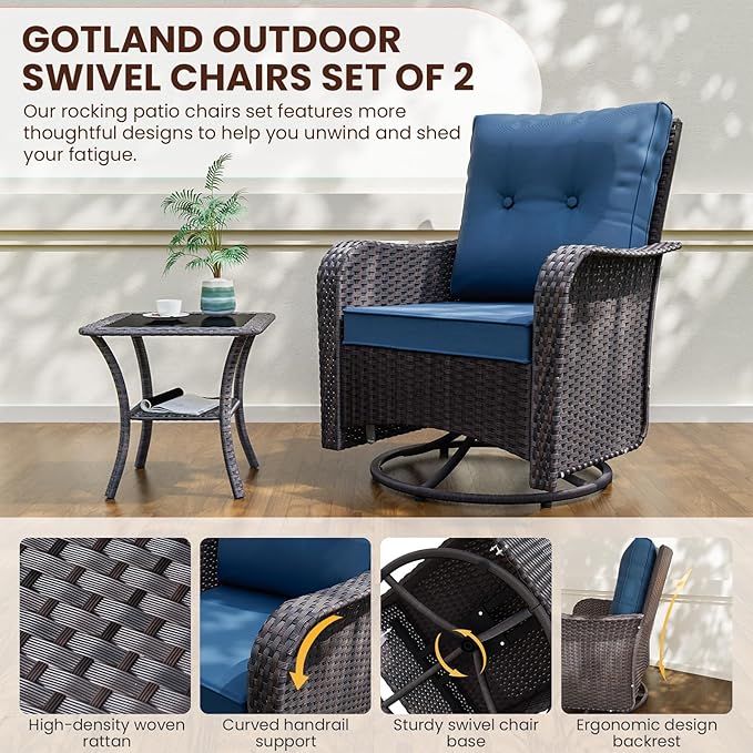 Gotland 9 Pieces Patio Furniture Set with 2 Swivel Chairs, 7-Seater Patio Furniture in 4 Combinations with Wide Armrests 29.5'' High Backrest, Wicker Outdoor Sectional for Deck Garden Pool Navy