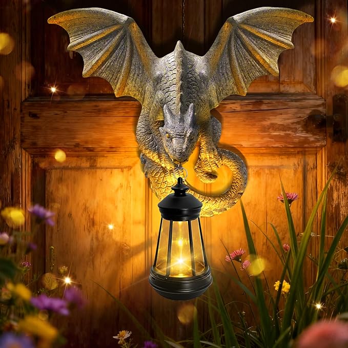 Dragon Tree Hugger Garden Statue - Resin Dragon Figurine Wall Hanger Sculptures Decor with Solar Lantern Lights, Outdoor Waterproof for Balcony Wall Porch Yard, Gifts for Mom Women Grandma Birthday