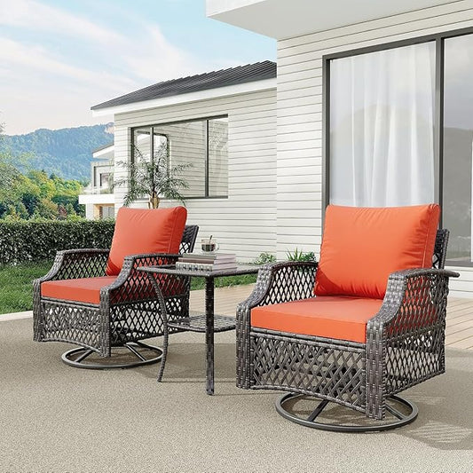 HOMREST 3 Piece Outdoor Swivel Chair Set, Wicker Patio Bistro Set with Thickened 25D Cushions and Glass Coffee Table, Patio Furniture Conversation Set for Deck, Yard, Garden, Poolside(Orange)