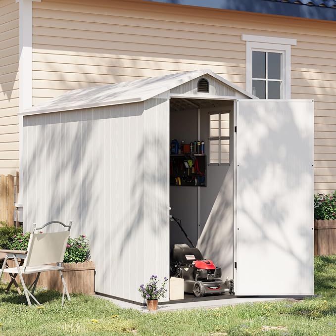 Patiowell 4x8 FT Plastic Outdoor Storage Shed with Floor, Garden Tool Resin Storage Shed with Two Windows and Single Lockable Door for Garden, Backyard, Lawn, Easy to Install, Light - Image 2